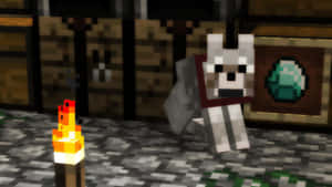 一隻 Minecraft 狼站在木屋內的火把附近，屋內有一個鑽石畫框。 — 狼 壁紙
