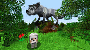 Minecraft玩家在綠色森林中面對一隻狼，周圍有紅色花朵。 — 型格 Minecraft 壁紙