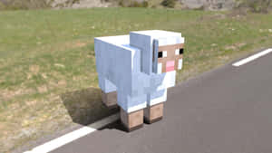 一隻來自Minecraft的方塊白色羊站在道路旁的草地上。 — 我的世界 壁紙