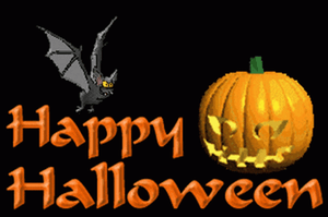 以像素藝術風格呈現的Happy Halloween文字，配有蝙蝠和南瓜燈。 — 恐怖萬聖節 壁紙