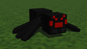 Minecraft遊戲世界中綠色草地上的黑色像素蜘蛛，紅色眼睛 — 蜘蛛 壁紙