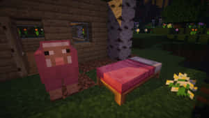 夜晚木屋外床邊的粉紅Minecraft豬與發光花朵 — 我的世界 壁紙