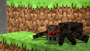 在Minecraft世界中的草方塊上，一隻有紅色眼睛的像素化蜘蛛。 — 蜘蛛 壁紙