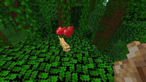 一隻像素化貓咪在Minecraft森林中帶著漂浮的紅色心形。