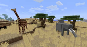 Minecraft稀樹草原生態域中的長頸鹿和大象，方塊狀的樹木和天空。 — 型格 Minecraft 壁紙