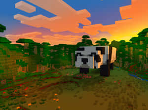 一隻像素熊貓喺夕陽下嘅Minecraft森林中，天空色彩繽紛。 — 我的世界 壁紙