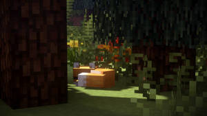 一隻像素狐狸在Minecraft森林中，陽光穿過樹木。 — 森林 壁紙