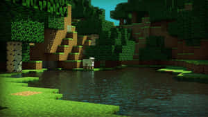 在Minecraft森林場景中，一隻像素羊靠近河流。 — 我的世界 壁紙