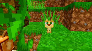 一隻像素貓在Minecraft森林中，周圍是方塊狀的樹木和草地。