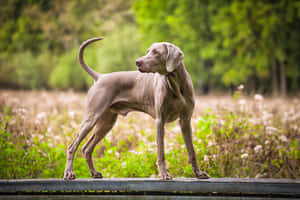 灰色威瑪獵犬站在木柵欄上，在長有樹木的草地上