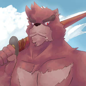 憤怒的紅色毛髮狼戰士在藍天白雲下持劍。 — 動漫男孩 壁紙