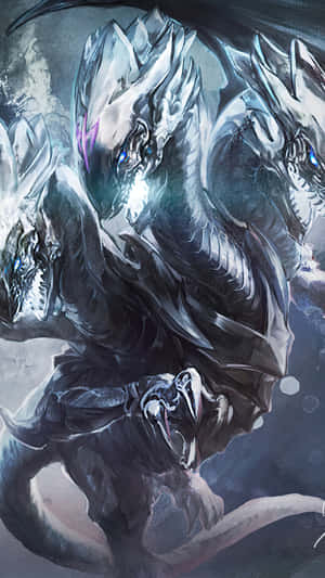 黑暗奇幻場景中三頭冰龍，眼睛發出藍光 — 日本龍動畫 壁紙