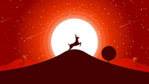 一隻鹿在紅色星空下、明亮太陽旁的山丘上跳躍的剪影。 — 極簡美學 壁紙