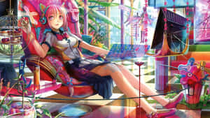 動漫女孩在色彩繽紛的未來風格休息室中放鬆，配有遊戲設備。 — 動畫 壁紙