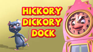 一隻藍色卡通老鼠跑過一個微笑的粉紅色時鐘，上面有文字 'Hickory Dickory Dock'。 — 時鐘 壁紙