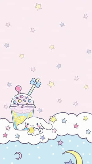 星空下，雲上嘅卡通兔仔同巨型奶昔。 — 粉彩粉紅色 壁紙