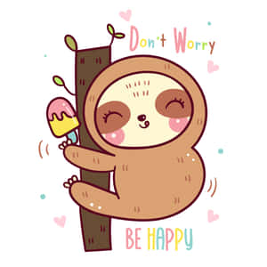 微笑的樹熊拿著有「Don't Worry BE HAPPY」文字和愛心的雪糕。 — 1:1 壁紙