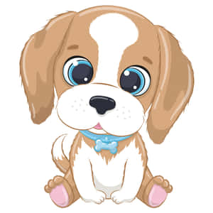 一隻卡通比格犬幼犬，藍色眼睛，戴著骨頭項圈，坐著。 — 可愛卡通 壁紙
