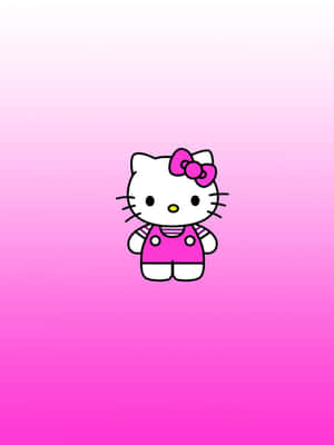 Hello Kitty 卡通角色穿著粉紅色吊帶褲和蝴蝶結，背景為粉紅色漸變 — Kindle 壁紙