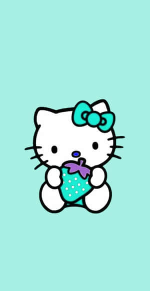 Hello Kitty 在薄荷色背景上戴著青綠色蝴蝶結拿著草莓 — Hello kitty 美學 GIF 壁紙