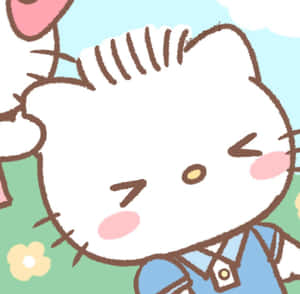 Hello Kitty 卡通角色微笑，粉紅臉頰和藍色襯衫，戶外。 — Hello kitty 美學 GIF 壁紙
