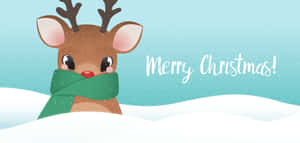 可愛卡通馴鹿在雪中戴著綠色圍巾，附有「Merry Christmas!」文字 — 溫馨聖誕美學 壁紙