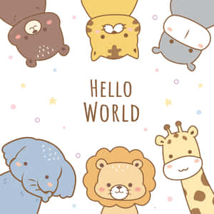可愛的卡通動物用星星圍繞著「Hello World」文字。