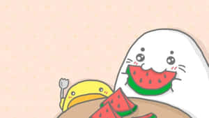 幽靈同鴨子喺粉紅色星星背景上食西瓜。 — 黑川伊佐那 壁紙