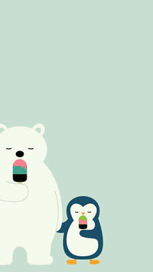 一隻北極熊和一隻企鵝一起快樂地吃冰棒。 — 北極熊 GIF 壁紙