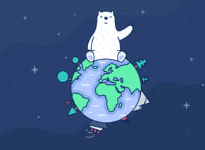 一隻卡通北極熊坐在太空中的地球儀上，周圍有星星和形狀。 — 北極熊 GIF 壁紙