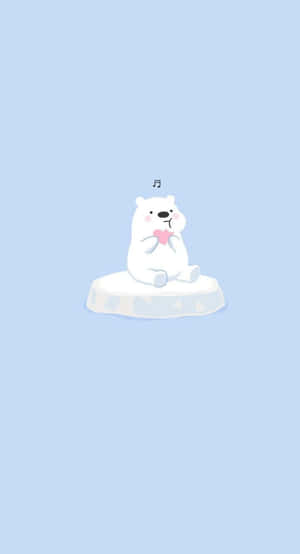 一隻卡通北極熊在雪地平台上拿著心形，背景為藍色。 — 北極熊 GIF 壁紙