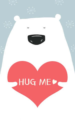一隻卡通北極熊拿著一個寫著「HUG ME」的紅色心形，背景有雪花。 — Galaxy Tab A11 壁紙