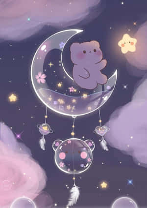 夢幻夜空中，一隻可愛的熊在彎月上，有星星和漂浮的泡泡。 — 萌 壁紙