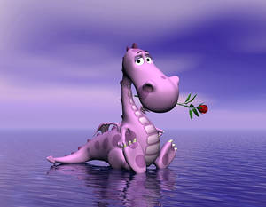 一隻紫色卡通龍在紫色天空下的水中手持一朵紅玫瑰。 — 紫色 壁紙