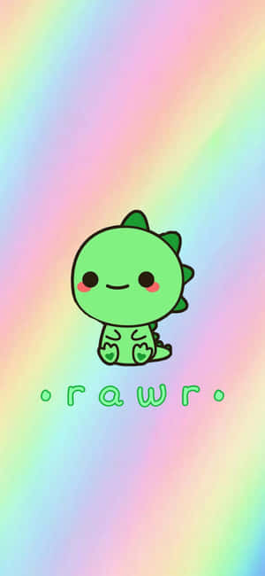 一隻綠色卡通恐龍，有心形腳，在彩虹背景上微笑，帶有 'rawr' 文字。 — Pixel 11 Pro 壁紙