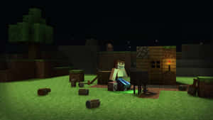 夜晚Minecraft村莊中火炬和方塊旁的明亮木屋附近的喪屍。 — 型格 Minecraft 壁紙