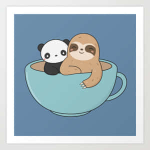 一隻樹懶同熊貓一齊坐喺茶杯入面。 — 小樹懶gif 壁紙