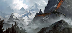 一條龍飛越雪山，山谷中有遺跡。 — 超寬螢幕 壁紙