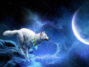 幻想中的白狼，佩戴著魔法項圈，準備躍上月亮，背景是夢幻的藍色星空。