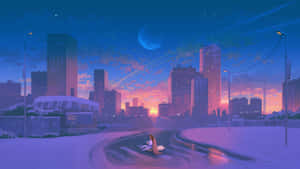 一隻狐狸坐在未來城市的雪路上，黃昏時分有一輪發光的月亮。 — 夜景城市 壁紙