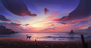 一隻狗在日落時分的海灘上行走，頭頂有彩色雲彩。 — 極簡美學 壁紙