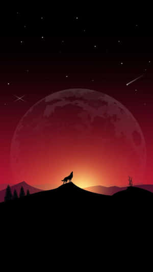狼在紅月亮和星星下的小山上嚎叫 — 極簡美學 壁紙