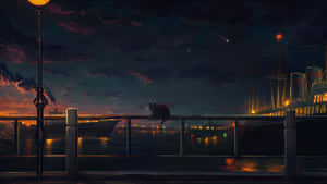 一隻貓坐在欄杆上，在流星劃過的星空夜空下，觀看發光港口的船隻。 — 動漫城市 壁紙