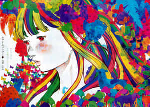動漫女孩，擁有彩虹色頭髮和紅色眼睛，被花朵和蝴蝶包圍。 — 動漫男孩 壁紙