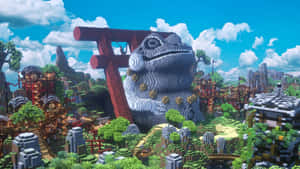 色彩繽紛的積木村莊中，紅色鳥居下的巨大LEGO青蛙。 — 城堡 壁紙