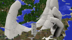 巨大的像素手在Minecraft風格世界中握著一座塔。