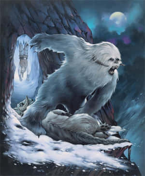 一隻白色雪人在雪洞中咆哮，上方有一個人影懸掛和發光的月亮。 — 星際大戰 壁紙