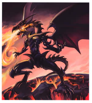 一隻發光眼睛的黑龍在熔岩懸崖上對著日落噴火。 — Galaxy Z Flip 8 壁紙