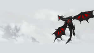 一隻帶有紅色翅膀的黑色巨龍飛過灰色雲層。 — 天際 GIF 壁紙