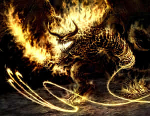 帶有發光角和爪的火熱惡魔生物釋放能量。 — 鬼滅之刃 壁紙